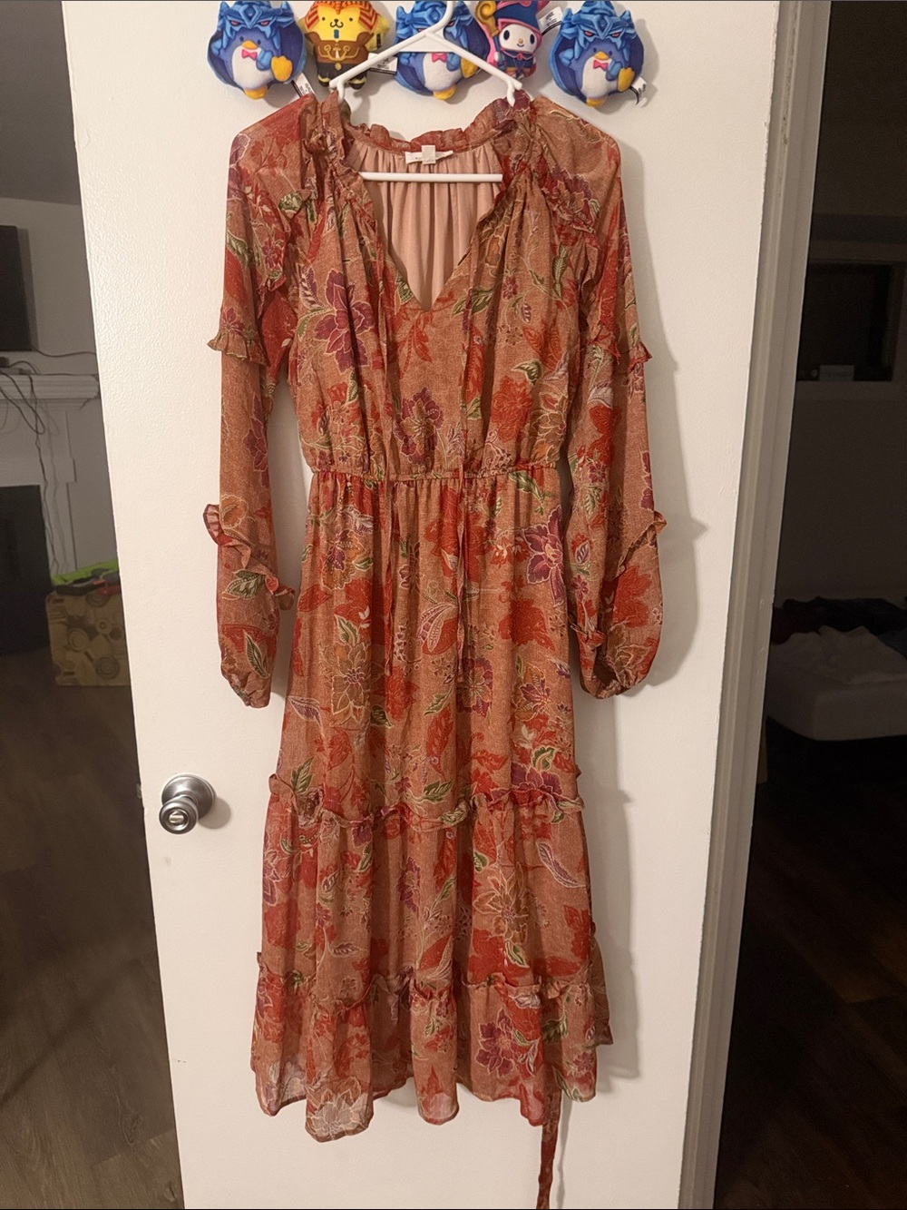 Rust Floral Maxi Dress with Tiered Skirt